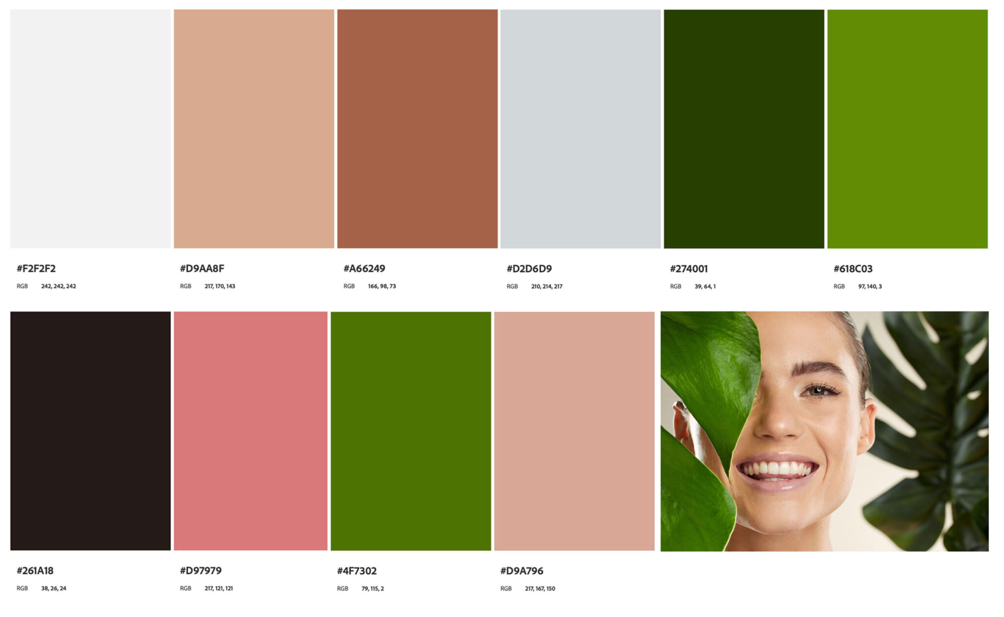 A grid of ten color swatches is shown, each with its hexadecimal and RGB values listed below it. The swatches include shades of beige, brown, light blue, dark green, black, and pink. The bottom right corner of the image is a picture of a smiling woman with a green leaf partially covering her face.